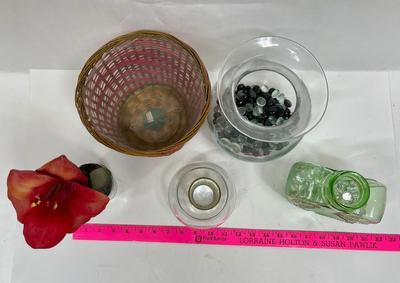 Floral Container Lot - vases potted faux flower in pot, basket, etc