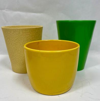 Ceramic Pot Lot - no drainage holes - 3 tall slender pots yellow green