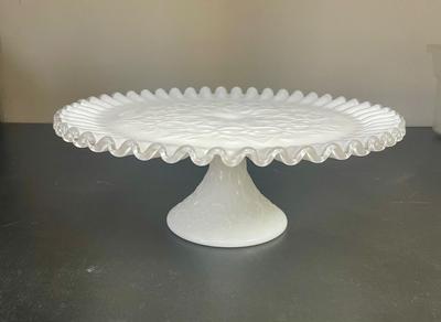 Vintage Fenton Milk Glass Silver Crest Spanish Lace Pedestal Cake Plate