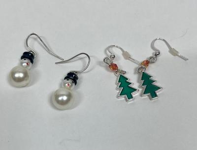 Pierced Dangling Earrings Christmas Holiday Snowman & Tree Costume Jewelry