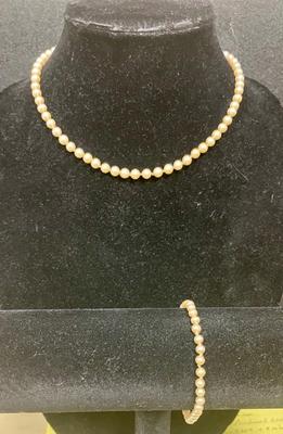 Matching German Silver and Faux Pearl Necklace and Bracelet