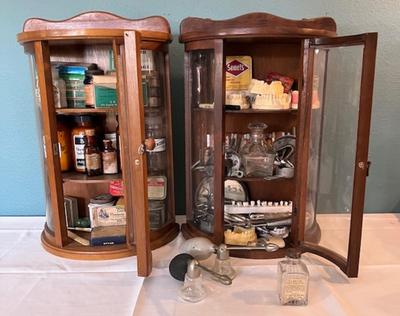 Pair of Display Cabinets with Vintage Medicine Bottles and More