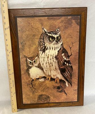 Vintage Richard Hinger Screech Owl Wood Framed Picture Print Wall Art Mid Century MCM