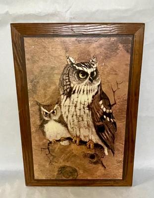Vintage Richard Hinger Screech Owl Wood Framed Picture Print Wall Art Mid Century MCM