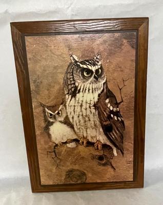 Vintage Richard Hinger Screech Owl Wood Framed Picture Print Wall Art Mid Century MCM