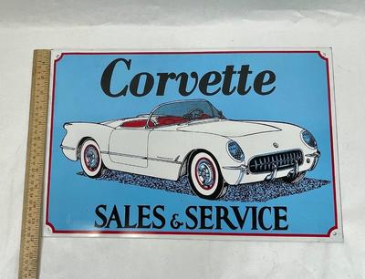 Vintage White Corvette Metal Advertising Sign for Sales & Service