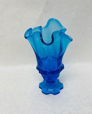 Vintage Fenton Colonial Blue Valencia Handkerchief Top Vase W/6 Tab Footed Base