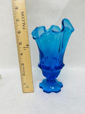 Vintage Fenton Colonial Blue Valencia Handkerchief Top Vase W/6 Tab Footed Base