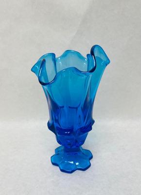 Vintage Fenton Colonial Blue Valencia Handkerchief Top Vase W/6 Tab Footed Base