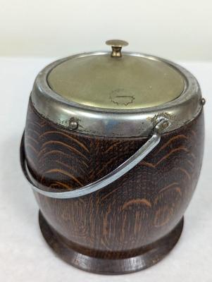 Wooden Oak Biscuit Barrel Silver Plated Porcelain Lining