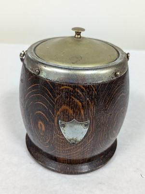 Wooden Oak Biscuit Barrel Silver Plated Porcelain Lining