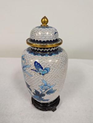 Vintage Chinese Blue & White Enamel Cloisonne Vase