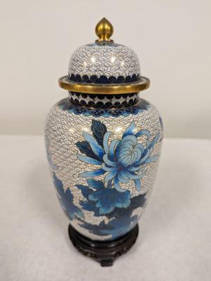 Vintage Chinese Blue & White Enamel Cloisonne Vase