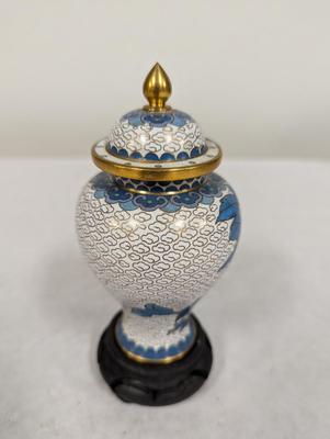 Vintage Chinese Blue & White Enamel Cloisonne Ginger Jar