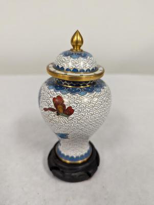 Vintage Chinese Blue & White Enamel Cloisonne Ginger Jar