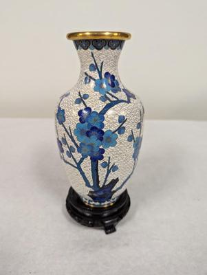 Vintage Chinese Blue & White Enamel Cloisonne Vase