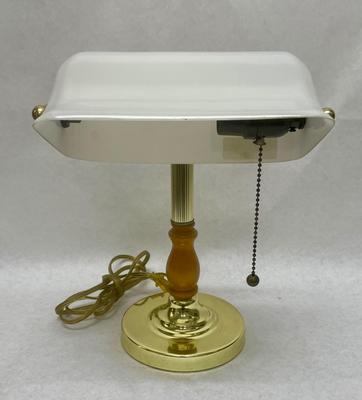 Stratford Collection Brass Finish Bankers Lamp Wood Accent & Opal Glass Shade