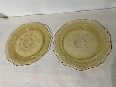2 Vintage Federal Glass Co. pressed yellow glass dinner plate