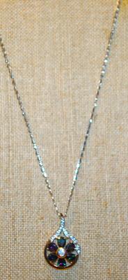 6 Iridescent Pear Shape Stones PENDANT (1½" x 1") with Side Accents on a Silver Tone Necklace Chain 17" L