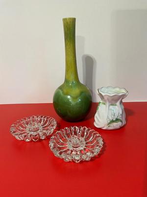 Green Vase, China, and Candle Holders