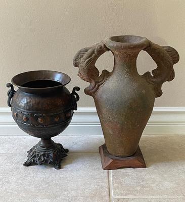 2 Vases - Metal Pedestal Vase & Terra-cotta Grecian Style with Fish shaped handles