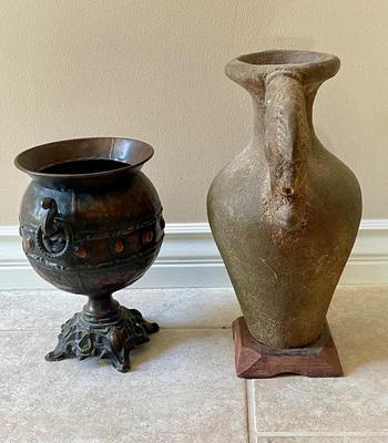 2 Vases - Metal Pedestal Vase & Terra-cotta Grecian Style with Fish shaped handles