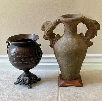 2 Vases - Metal Pedestal Vase & Terra-cotta Grecian Style with Fish shaped handles