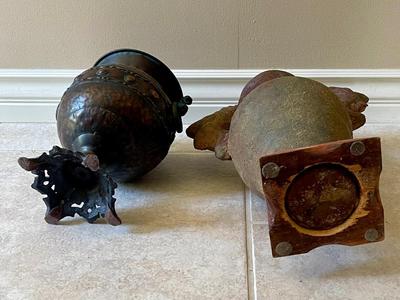 2 Vases - Metal Pedestal Vase & Terra-cotta Grecian Style with Fish shaped handles