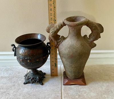 2 Vases - Metal Pedestal Vase & Terra-cotta Grecian Style with Fish shaped handles