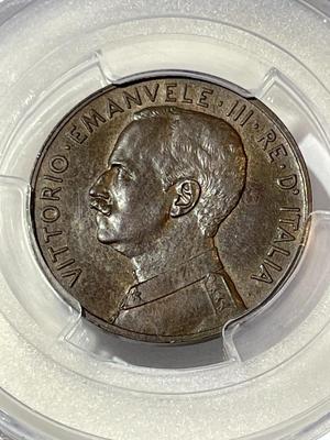 PCGS CERTIFIED 1918-R MS63/BROWN 5 Centesimi - Victor Emmanuel III without Dot after "D" Variety as Pictured.