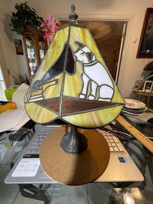 Vintage Advertisement Mid-Century RCA Nipper Dog Stained Slag Glass Desk Lamp 16" Tall in Good Preowned Condition.