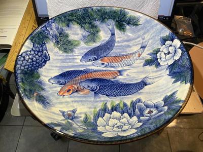 Japanese Koi Fish Motif 12" Diameter Decorative Bowl Hand Painted in VG Preowned Condition.