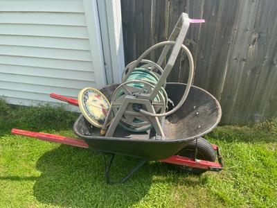 O4-wheelbarrow, hose reel, and thermometer