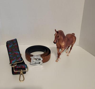 BARABAS LEATHER BELT, BREYER HORSE AND A GUITAR STRAP