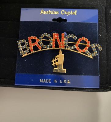 NEW DENVER BRONCOS HAT, HANDS FREE EARBUDS & AUSTRIAN CRYSTAL PIN