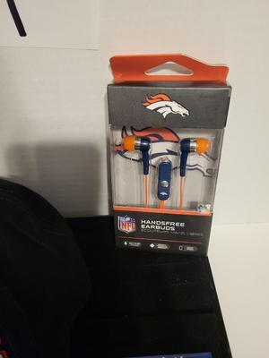 NEW DENVER BRONCOS HAT, HANDS FREE EARBUDS & AUSTRIAN CRYSTAL PIN