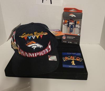 NEW DENVER BRONCOS HAT, HANDS FREE EARBUDS & AUSTRIAN CRYSTAL PIN