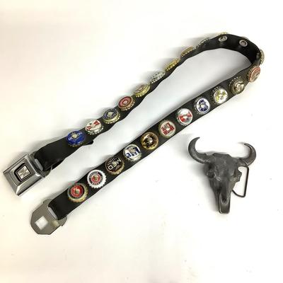 480 Seatbelt Beer Bottle Top Belt & Pewter Longhorn Belt Buckle