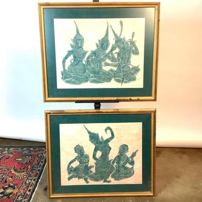 504 Vintage Cambodian 1960's Angkor Wat Temple Charcoal Rubbing Pair