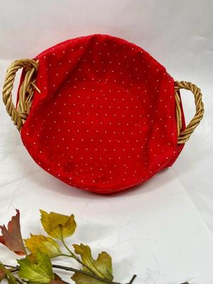 Two baskets - Wire Egg Basket and Round Rattan with handle and red fabric liner
