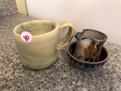 Lot of Pottery Mug, Pinch Pot, and Dish