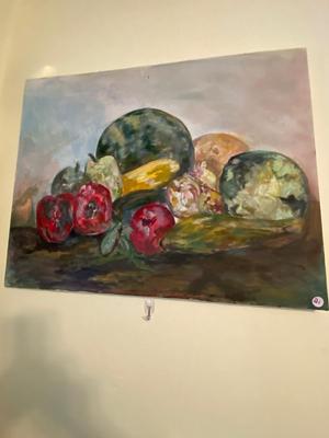 Unframed Oil on Canvas Fruits and Vegetables Still Life, Unsigned