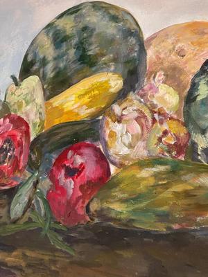 Unframed Oil on Canvas Fruits and Vegetables Still Life, Unsigned