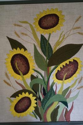 MID CENTURY YARN ART SUNFLOWERS 30" BY 16"