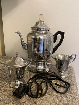 Vintage Faberware Coffee Perculator, Creamer, and Sugar Lot