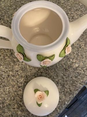 Teleflora Porcelain White Tea Pot with Pink Roses
