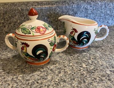 Vintage Handpainted Rooster Teapot, Pitcher, Sugar, and Creamer