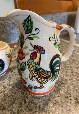 Vintage Handpainted Rooster Teapot, Pitcher, Sugar, and Creamer