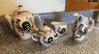 Vintage Handpainted Rooster Teapot, Pitcher, Sugar, and Creamer