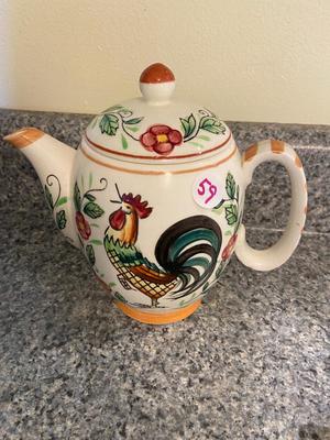 Vintage Handpainted Rooster Teapot, Pitcher, Sugar, and Creamer